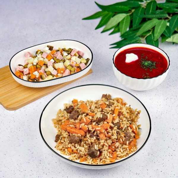 Обед домашний с пловом из говядины Обед домашний с пловом из говядины